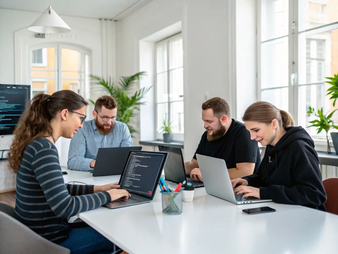 A group of diverse developers collaborating around a large interactive screen displaying version control metrics and project timelines in a modern Canadian office.