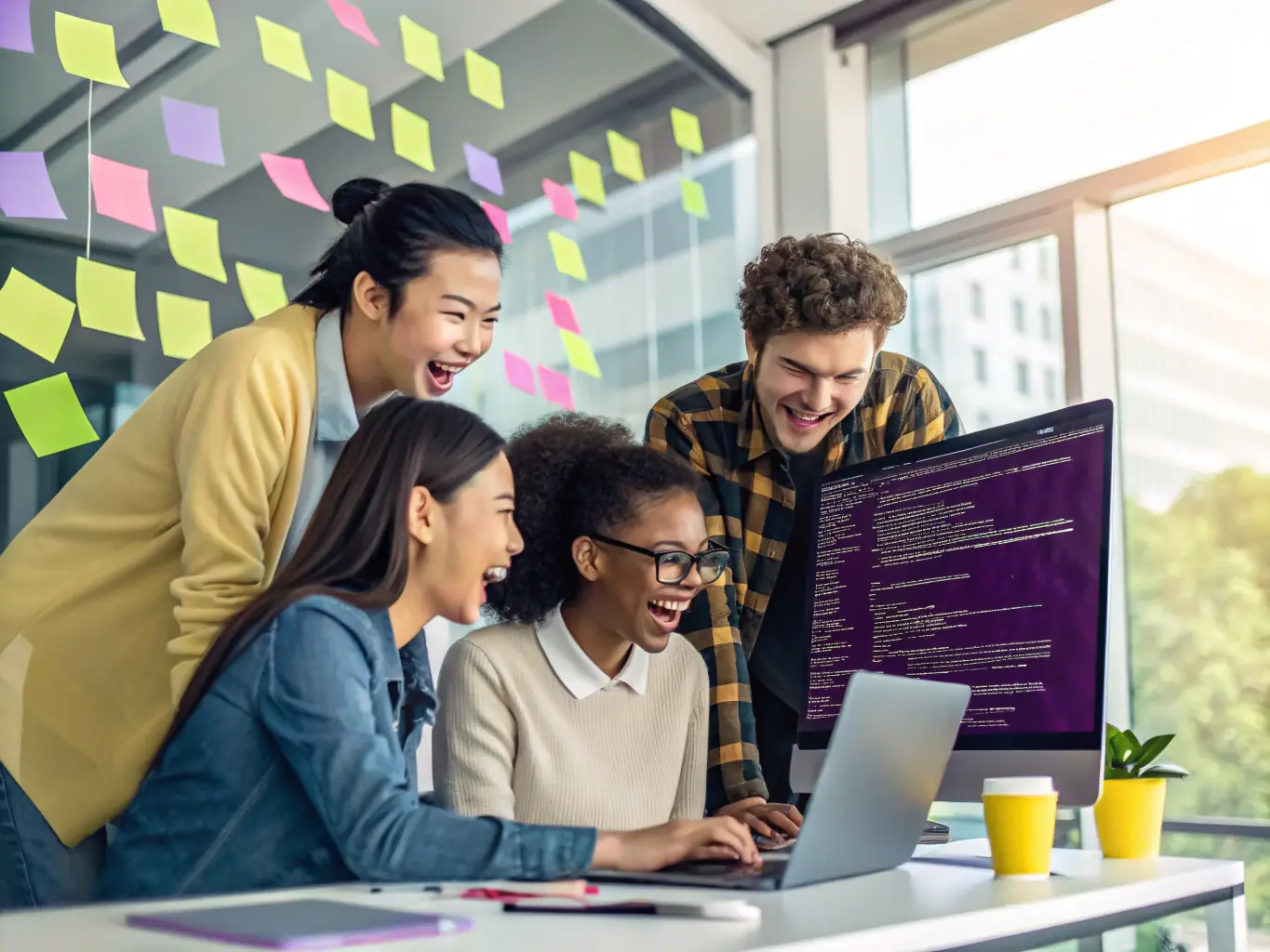 An illustration depicting a team of developers collaborating on a project using a version control system, highlighting branching and merging.